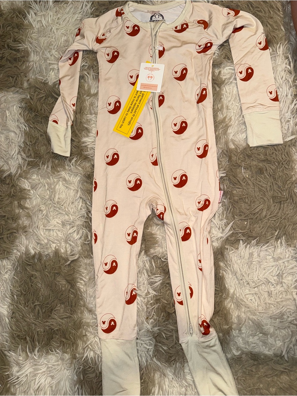 Cream Bamboo Footed One-Piece Romper with Mickey Yin-Yang Print